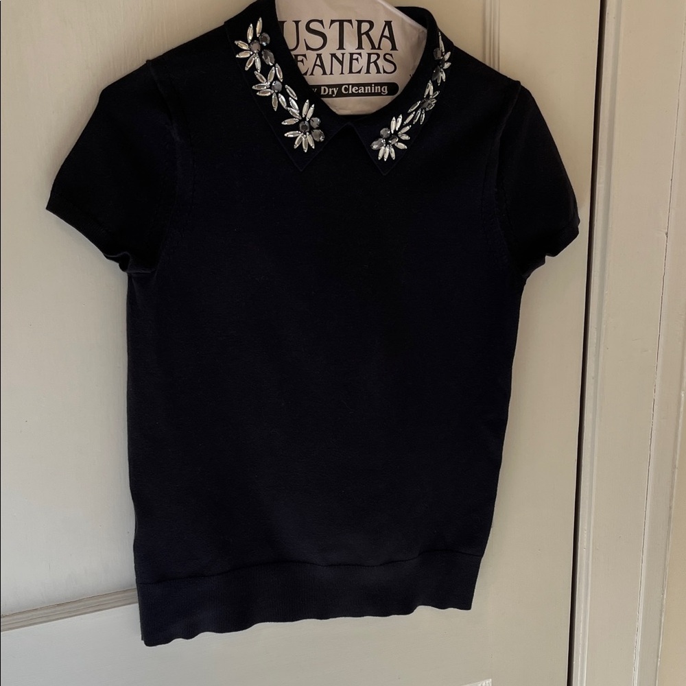 Blue Short Sleeve Top with Embellished Collar